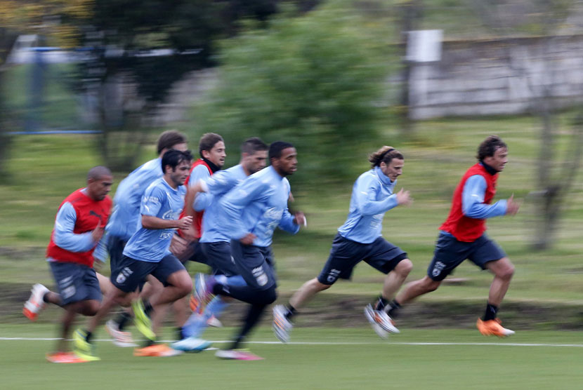 Pemain Timnas Uruguay menggelar sesi latihan di Montevideo, Uruguay, pada 21 Mei lalu. 