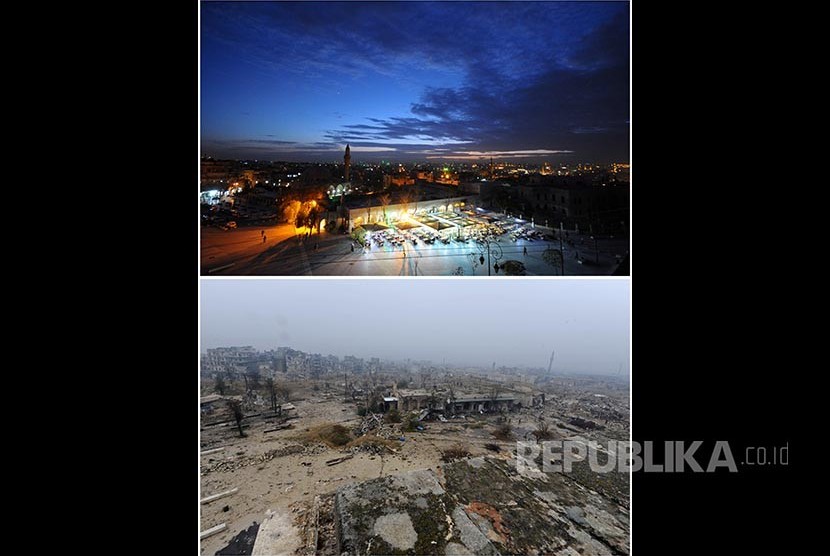 Pemandangan kota tua Aleppo pada 24 November 2008 (atas) dan kondisi terakhir 13 Desember 2016.