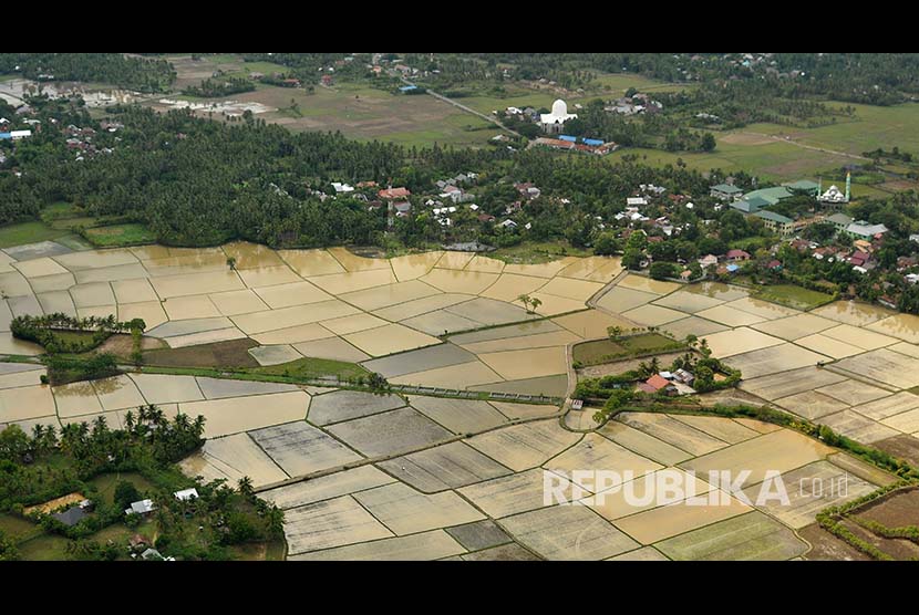 Pemandangan lahan sawah berada di pemukiman penduduk,  kawasan Blang Bintang, Aceh Besar, Aceh, Kamis (23/11). Kementerian Pertanian pada tahun anggaran 2018 merencanakan mencetak sawah baru seluas 37.360 hektare dengan alokasi anggaran sebesar Rp710 miliar dalam upaya  mewujudkan  swasembada pangan nasional.