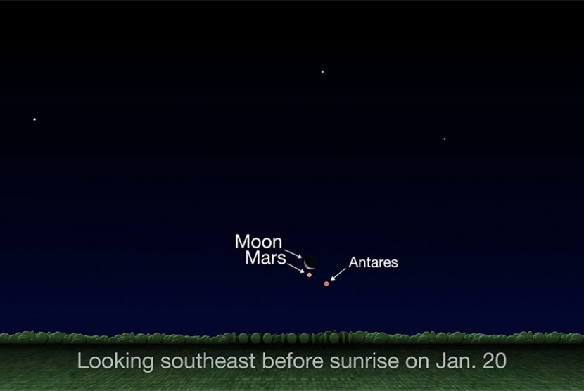 Pemandangan langit di bulan Januari saat Venus, Mars bersanding dengan bintang Antares.