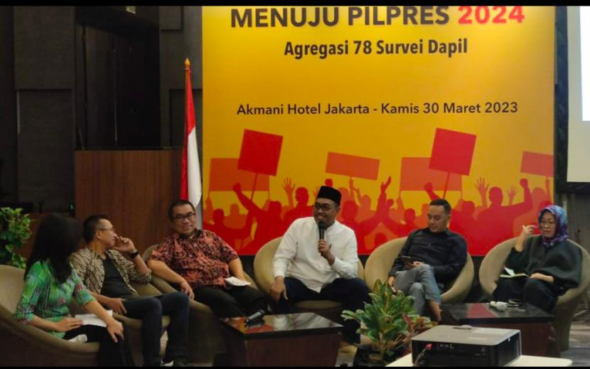 Pemaparan survei Pollmark bertajuk Peta Kompetisi Menuju Pilpres 2024 : Agregat Data 78 Survei Dapil, di Hotel Akmani, Jakarta Pusat, Kamis (30/3/2023). 