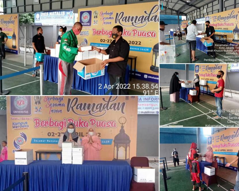 Pembagian nasi boks Ramadhan hari pertama, Sabtu (2/4)  di kampus Dewi Sartika Jakarta. Ini salah satu rangkaian kegiatan BSI Berbagi Sesama Insan Ramadhan 1443 H.