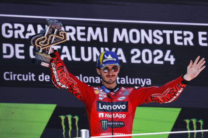 Pembalap Ducati Lenovo Francesco Bagnaia berjaya pada balapan MotoGP Katalunya 2024 di Sirkuit Barcelona-Katalunya, Ahad (26/5/2024). Bagnaia mencatatkan waktu tercepat 40 menit 11,726 detik.