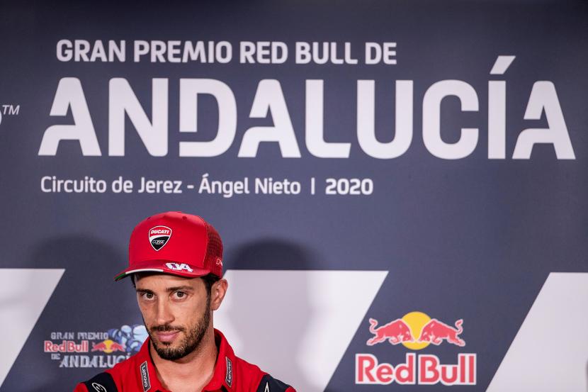  Pembalap MotoGP dari tim Ducati Andrea Dovizioso memberikan keterangan dalam konferensi pers jelang GP Andalusia, Jumat (24/7).