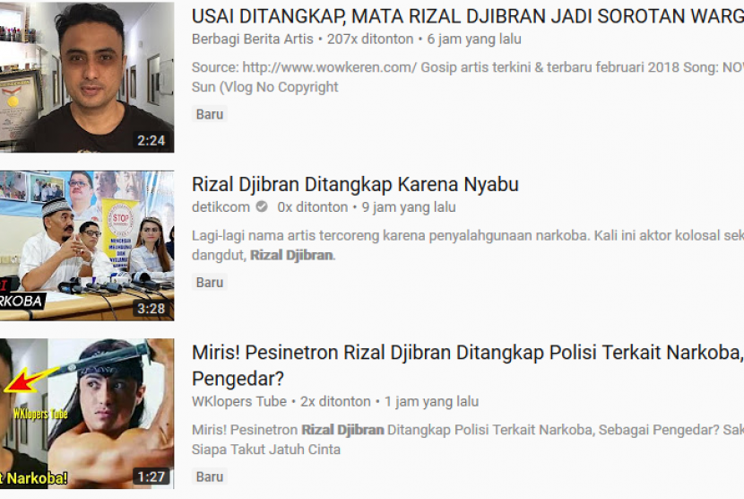 Pemberitaan penangkapan artis Rizal Djibran di Youtube, Jumat (23/2).