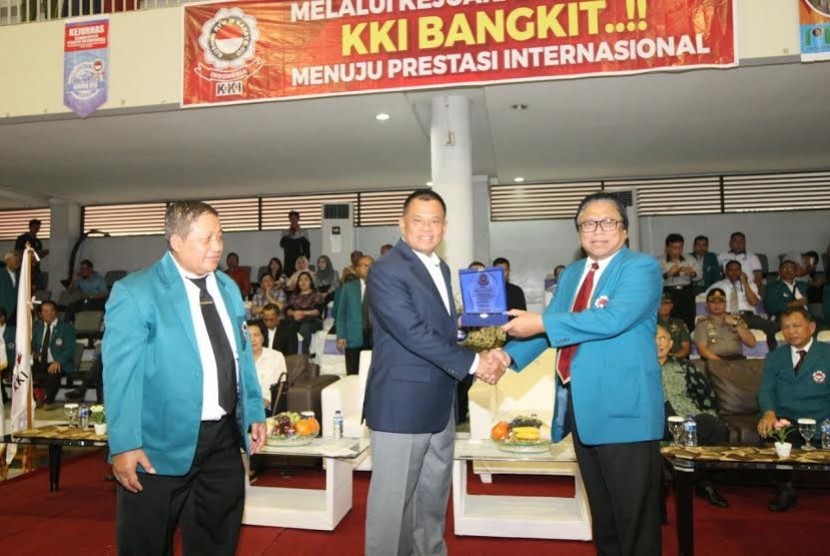 pembukaan Kejuaraan Nasional (Kejurnas) Kushin Ryu M Karatedo Indonesia (KKI) di Dojo KKI, OSO Sport Center, Kompleks Grand Wisata, Tambun, Bekasi, Jawa Barat, Sabtu (23/7).