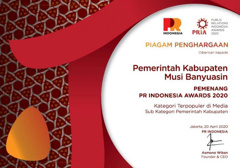 Pemerintah Kabupaten Musi Banyuasin (Muba) menjadi pemenang PR Indonesia Awards (PRIA) Kategori Pemerintah Kabupaten Terpopuler di Media 2019. 