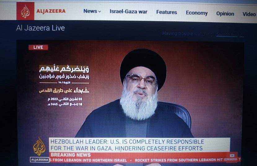 Pemimpin gerakan Hizbullah Lebanon, Hassan Nasrallah, berbicara untuk pertama kalinya di hadapan publik sejak serangan Hamas ke Israel yang memicu perang di Gaza, Jumat (3/11/2023).