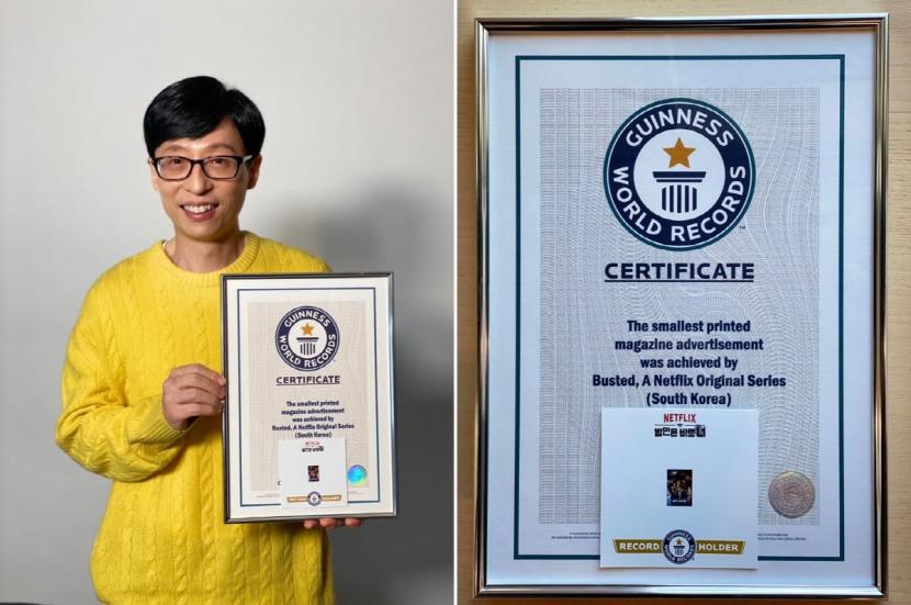 Pemimpin kelompok detektif di Busted, Yoo Jae Suk, berfoto dengan sertifikat Guinness World Records.