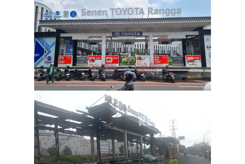 Penampakan Halte Transjakarta Senen Toyota Rangga pada Jumat (29/8/2025) pagi (atas) yang masih utuh dan penampakan pada Sabtu (30/8/2025) pagi saat halte sudah rusak dibakar massa aksi.