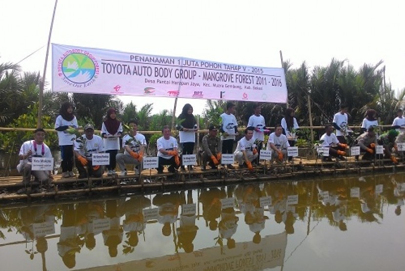 Penanaman mangrove menandai berakhirnya kampanye satu juta Mangrove yang digelar Toyota di Muara Gembong, Sabtu (9/9).