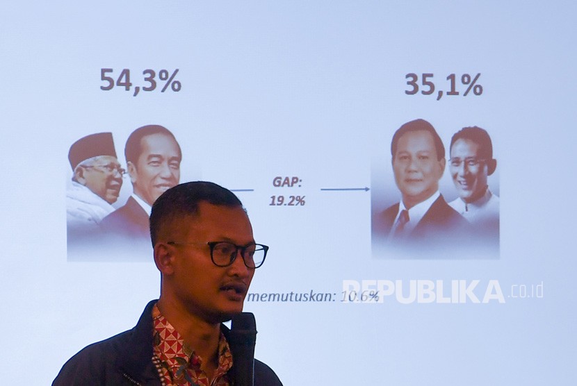 Pendiri Alvara Research Center Hasanuddin Ali menyampaikan paparan hasil survei terkait Pilpres 2019 di Jakarta, Jumat (11/1/2019). 