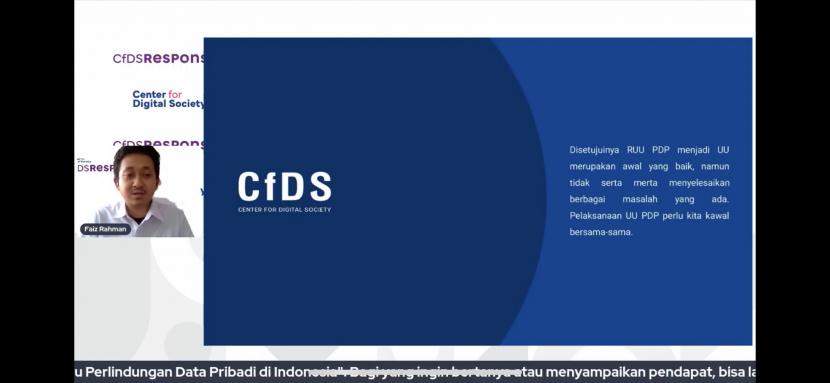 Peneliti Center for Digital Society (CfDS) Universitas Gajah Mada (UGM) Faiz Rahman dalam dalam Diskusi bertajuk Sahnya UU PDP: Era Baru Perlindungan Data Pribadi di Indonesia? di kampus UGM, Selasa (27/9/2022). 