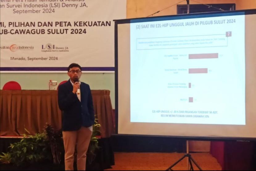 Peneliti LSI Denny JA, Fajar Moestar, memaparkan hasil survei terkait Pilkada Sulawesi Utara.