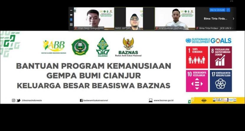 Penerima Beasiswa Baznas yang terdiri dari Ikatan Alumni Beasiswa Baznas, BCB UIN Walisongo Semarang, dan IAIN Sultan Amai Gorontalo menyerahkan bantuan program kemanusiaan gempa Cianjur kepada Badan Amil Zakat Nasional (Baznas), dengan bantuan mencapai Rp 9.202.042.