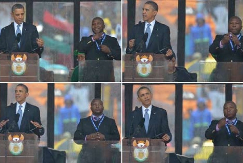Penerjemah bahasa isyarat pada pemakaman Nelson Mandela bersama Presiden AS Barack Obama