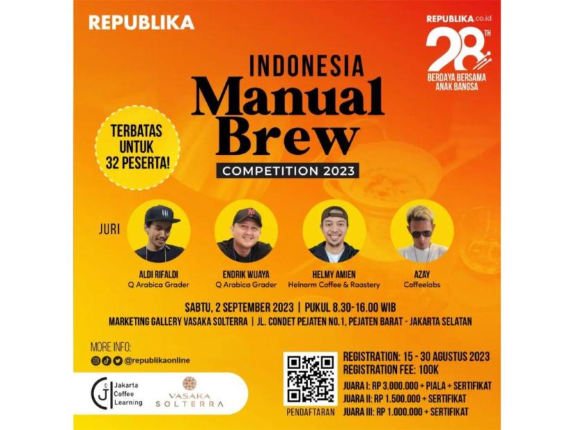 Pengumuman lomba Indonesia Manual Brewing Competition 23 yang digagas Republika berkolaborasi dengan Jakarta Coffee Learning. 