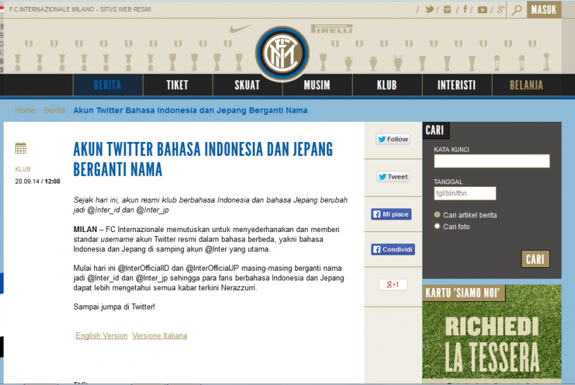 Pengumuman perubahan akun Twitter, Inter Milan berbahasa Indonesia dan Jepang.