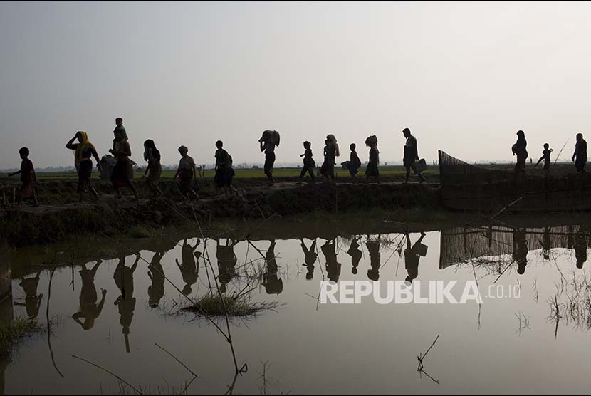 Pengungsi Rohingya melintasi pesawahan di kawasan Cox's Bazaar setelah melewati perbatasan Myanmar-Bangladesh 