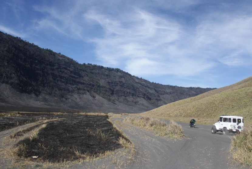 Pengunjung melintas di padang sabana yang sebagian telah terbakar di kawasan Gunung Bromo, Probolinggo, Jawa Timur, Rabu (13/9).