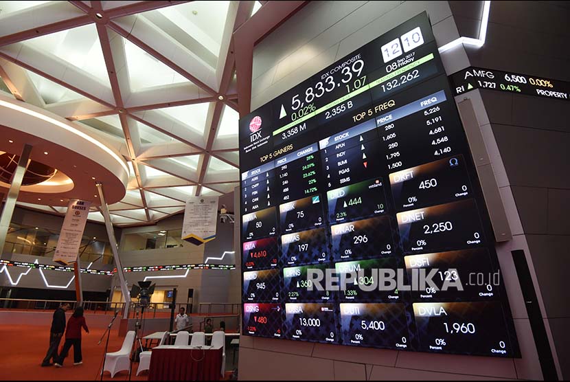 Pengunjung melintasi layar elektronik pergerakan saham di Bursa Efek Indonesia, Jakarta.