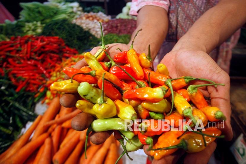 Penjual menunjukkan cabai rawit merah di pasar (ilustrasi). Harga cabai rawit di pasar tradisional di Jember, Jawa Timur masih berkisar Rp 70 ribu per kilogram.