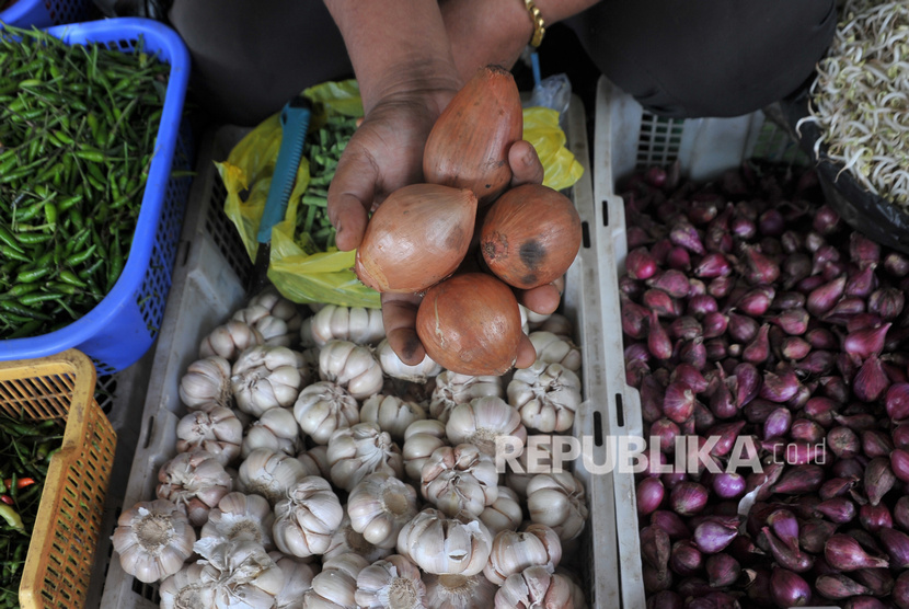 Penjual menunjukkan stok bawang bombai yang tersisa di Pasar Palima Palembang, Sumatera Selatan, Senin (9/3/2020). Komoditas pangan impor paling rawan mengalami kenaikan harga.