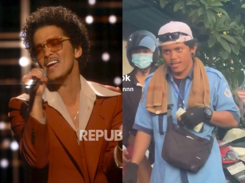 Penyanyi Bruno Mars (kiri) dan tukang parkir yang disebut mirip Bruno Mars (kanan). Video tukang parkir mirip Bruno Mars membuat heboh media sosial.