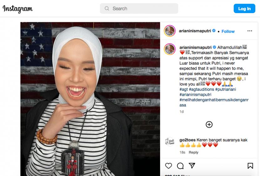 Penyanyi difabel berhijab asal Indonesia, Putri Ariani, menyampaikan terima kasih atas dukungan terhadap dirinya melalui media sosial.