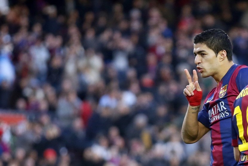 Penyerang Barcelona Luis Suarez di laga melawan Cordoba, Ahad (3/5) dini hari WIB.