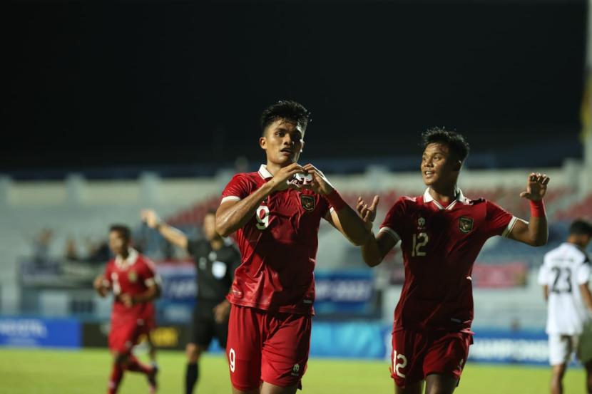 Penyerang timnas Indonesia U-23 Ramadhan Sananta merayakan gol ke gawang Timor Leste U-23 pada Piala AFF U-23 2023.