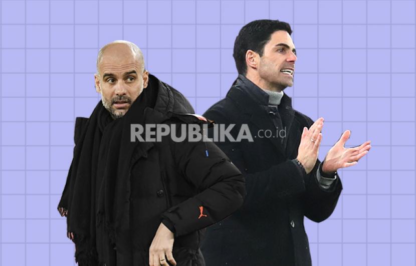 Pep Guardiola (kiri) akan beradu taktik dengan mantan asistennya Mikel Arteta dalam laga Arsenal vs Manchester City.