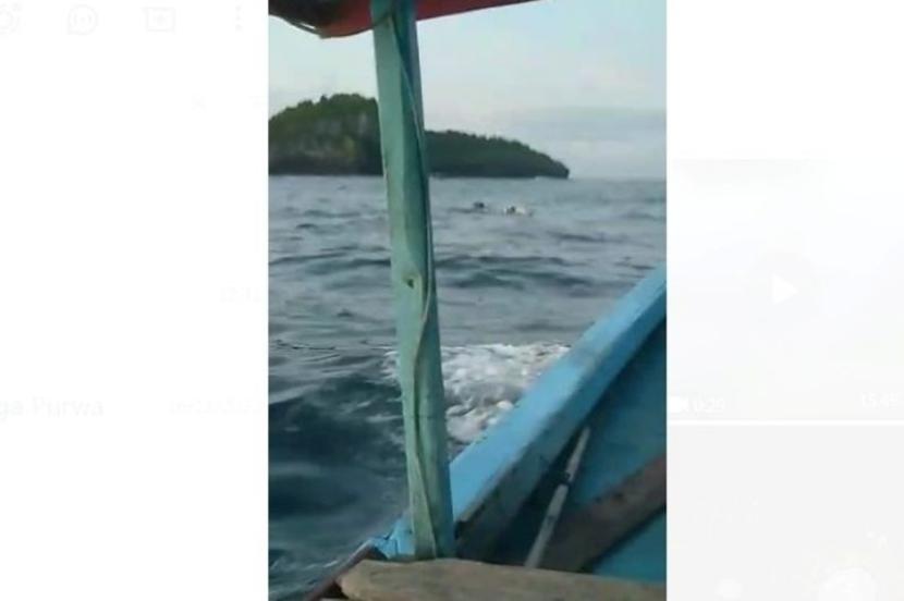 Perahu nelayan bergerak di dekat objek diidentifikasi mayat manusia dewasa di sekitar perairan Teluk Prigi, Trenggalek, Sabtu (27/1/2024). 
