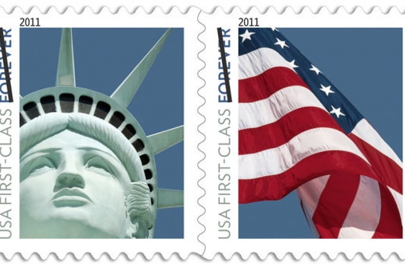 Perangko AS dengan gambar Lady Liberty.