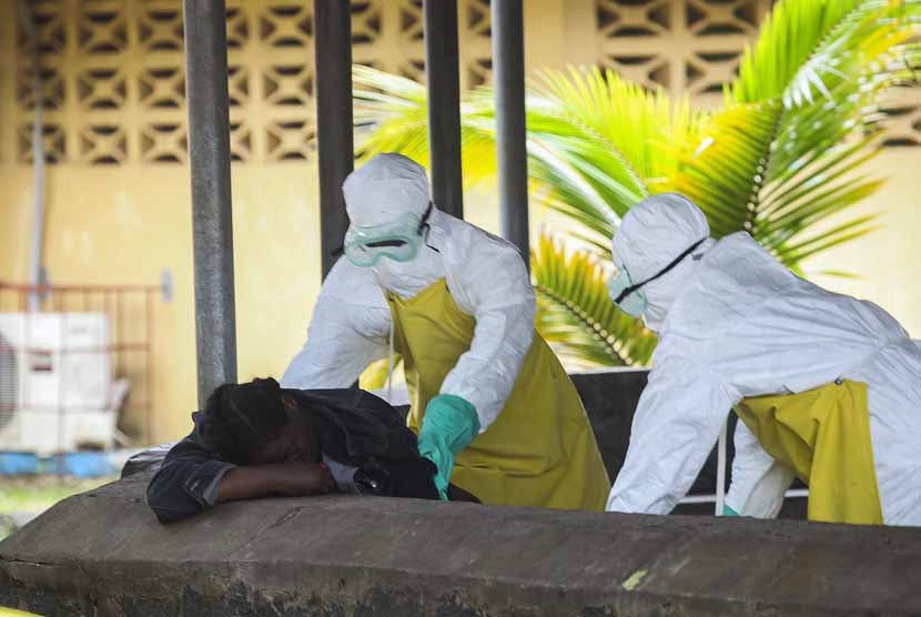 Perawat mengangkat jasad pengidap Ebola di Rumah Sakit Elwa, Monrovia, Liberia, pertengahan Agustus 2014. 