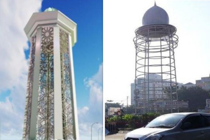 Perbandingan desain asli dan hasil pembangunan Tugu Pamulang di Kota Tangerang Selatan (Tangsel), Provinsi Banten.