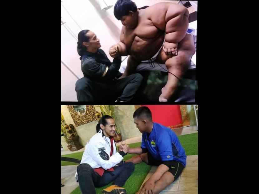 Perbandingan foto Arya Permana (kanan) bersama Ade Rai (kiri) sebelum dan setelah berolahraga.