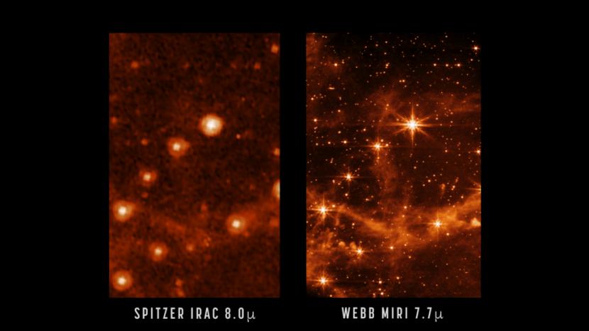 Perbandingan foto awan magellan raksasa yang diambil dengan teleskop James Webb dan teleskop Spitzer.