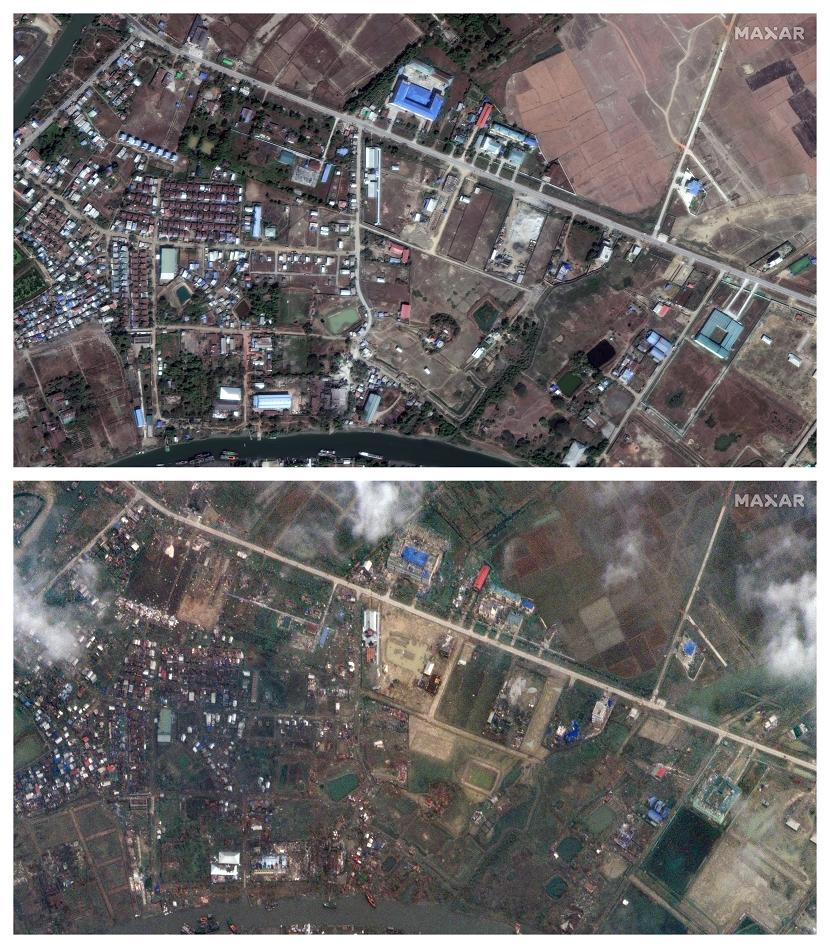 Perbandingan foto pada 17 Februari dan 15 Mei ketika Topan Mocha melanda negara bagian Rakhine