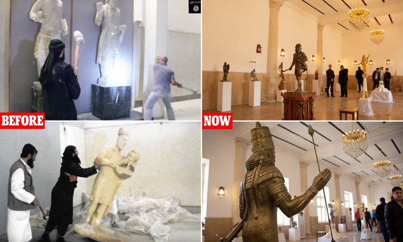 Perbandingan saat museum Mosul dihancurkan ISIS dan setelah kini dibangun kembali.