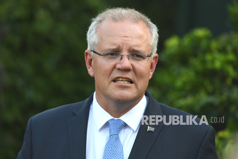  Perdana Menteri Australia Scott Morrison berbicara kepada media saat konferensi pers di Kirribilli House di Sydney, Australia, Jumat (15/3).