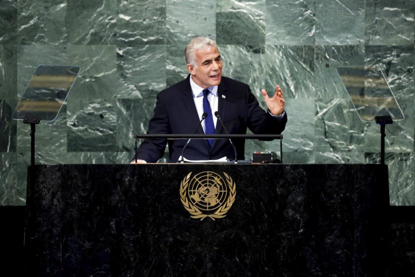 Perdana Menteri Israel Yair Lapid berpidato di sesi ke-77 Majelis Umum Perserikatan Bangsa-Bangsa, Kamis, 22 September 2022, di markas besar PBB.
