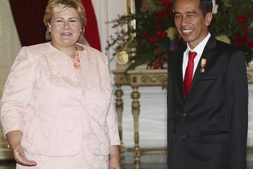 Perdana menteri Norwegia, Erna Solberg saat mendatangi Indonesia (14/4).