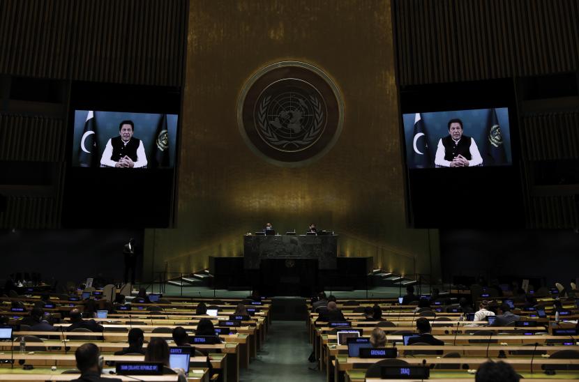 Ruang Sidang Majelis Umum PBB . Rusia memveto resolusi PBB yang mengaitkan perubahan iklim dengan konflik negara. Ilustrasi.