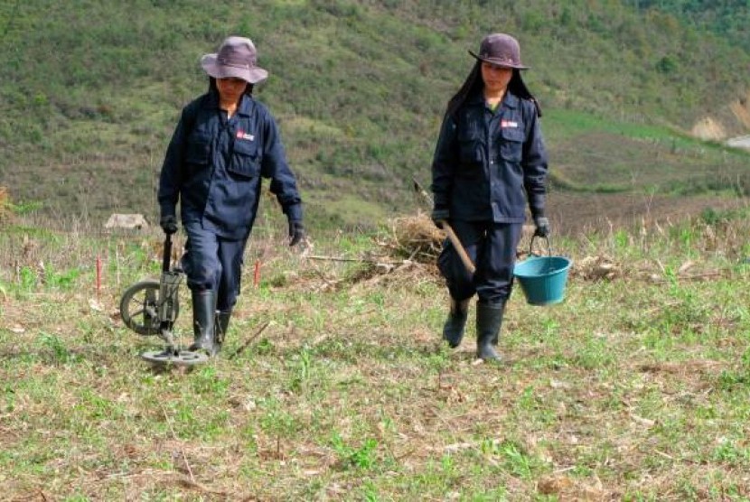 Perempuan Laos mencari bom kluster atau bom tandan yang tidak meledak di Provinsi Xieng Khouang pada 2008. Antara 1964-1973, pesawat perang AS menghujani Laos dengan dua juta ton bom. 