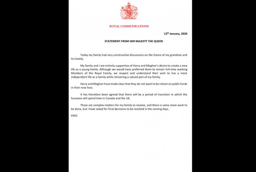    PM Inggris Enggan Banyak Komentar Soal Hengkangnya Sussex  . Foto:  Pernyataan Ratu Elizabeth II terkait masa depan Pangeran Harry dan Meghan Markle.