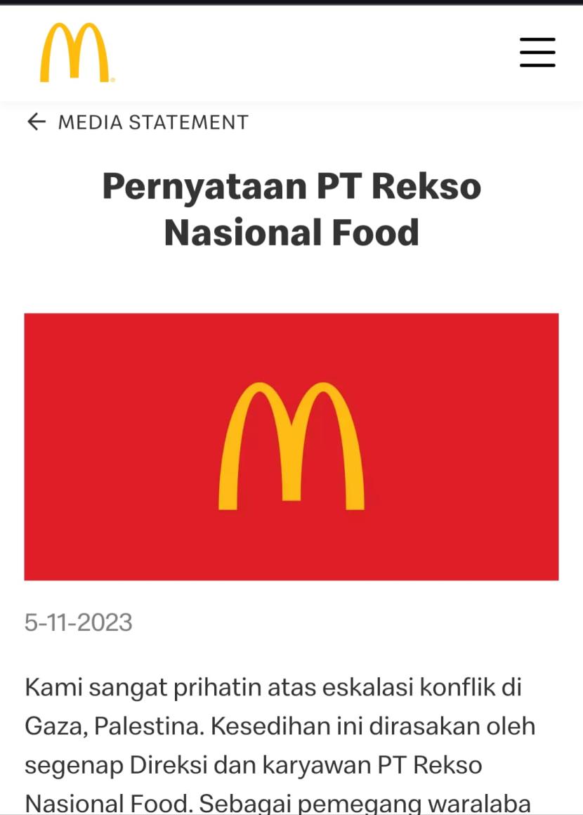 Pernyataan resmi terbaru PT Rekso Nasional Food, selaku pemegang waralaba McDonald’s di Indonesia.
