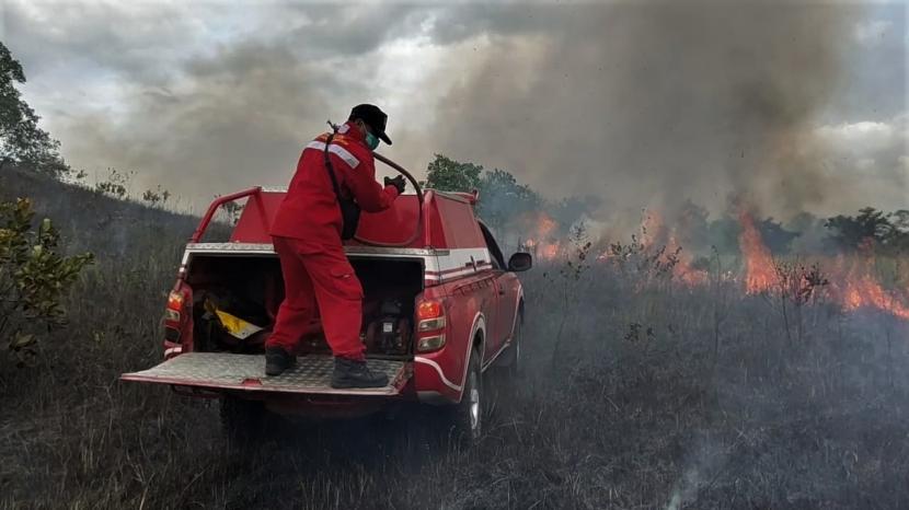 Personel Manggala Agni Daerah Operasi Sulawesi Tenggara bersiap memadamkan api yang membakar lahan di Taman Nasional Rawa Aopa Watumohai, Kabupaten Bombana, Sulawesi Tenggara, Senin (1/2/2021). Presiden Joko Widodo (Jokowi) meminta pemerintah daerah (pemda) dan aparat TNI-Polri agar terus memberi peringatan dan pemahaman tentang antisipasi kebakaran hutan dan lahan (karhutla) kepada perusahaan yang memiliki konsesi.