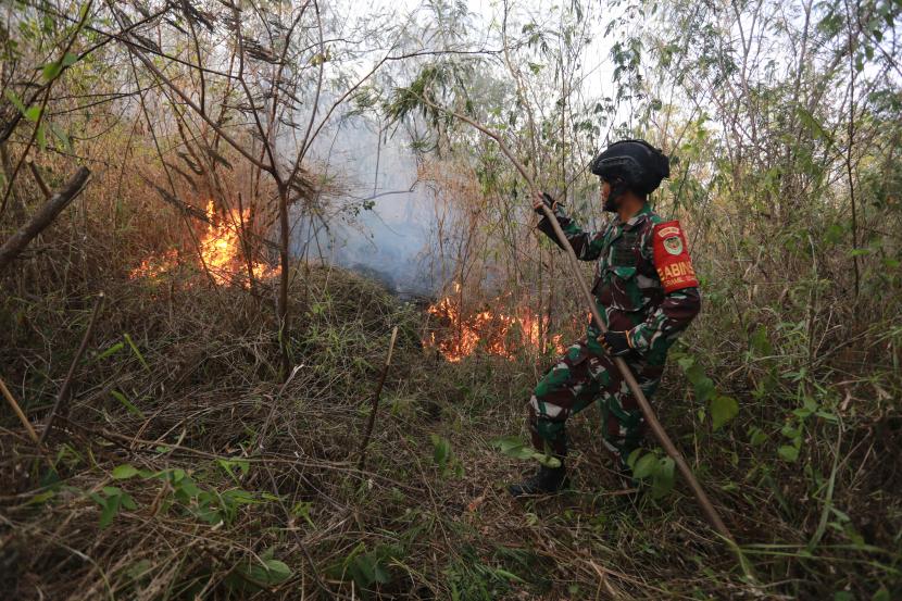 Personel TNI berusaha memadamkan kebakaran hutan dan lahan (karhutla) di Desa Cibuntu, Kecamatan Pesawahan, Kuningan, Jawa Barat, Senin (26/9/2022).