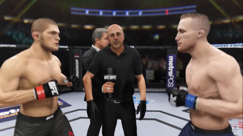 Pertarungan virtual antara Khabib Nurmagomedov (kanan) vs Justin Gaethje dimainkan di video game.
